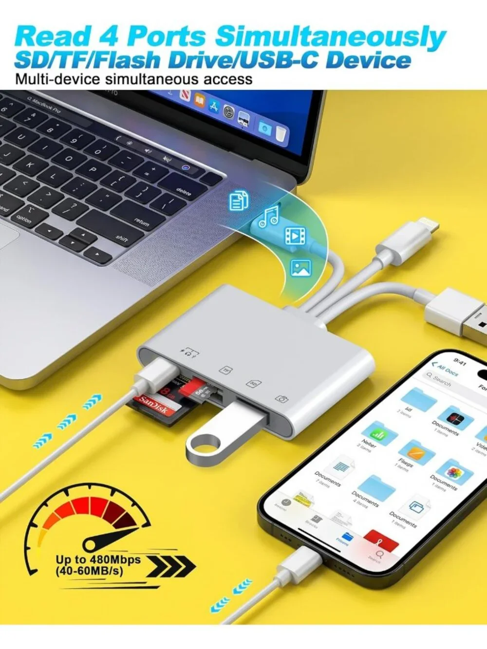 4-in-1 USB Flash Drive Adapter for iPhone & iPad - OTG, SD/Micro SD Slots